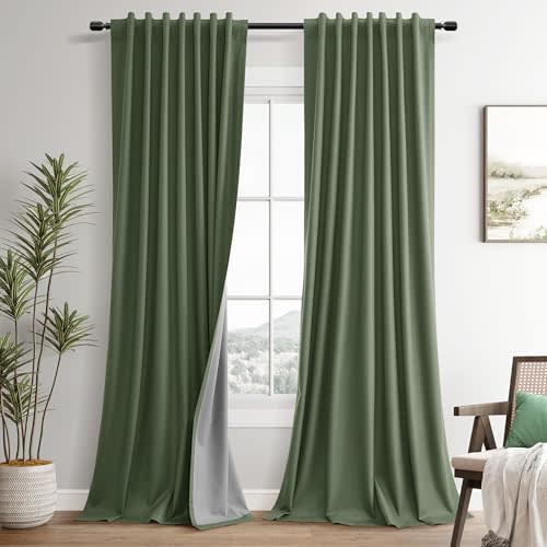 100% Blackout Olive Green Linen Curtains 84 Inch Length for Bedroom Black Out Light Blocking Curtain Thermal Insulated Room Darkening Window Drapes for Living Room Nursery 2 Panels Set 52x84 7ft
