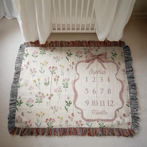 Personalized Baby Girl Milestone Blanket, Custom Boho Floral Monthly Blanket With Name, Wildflower Woven Blanket, Baby Shower Gift Newborn