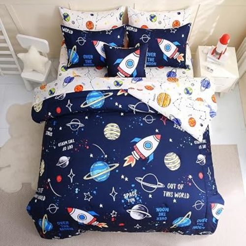 Twin Size Comforter Sets Bed in a Bag for Kids,8 Pieces Blue Space Rocket Bedding Sets with Sheets for Boys Girls