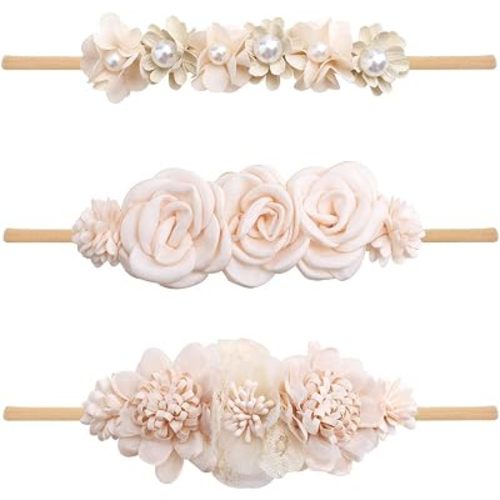 Baby Girl Nylon Headbands Flower Hair Bows Accessories-Elastic Hair Band Crown Handmade FLoral Wraps Birthday Gifts for Girls Newborn Infant Toddler 3Pcs