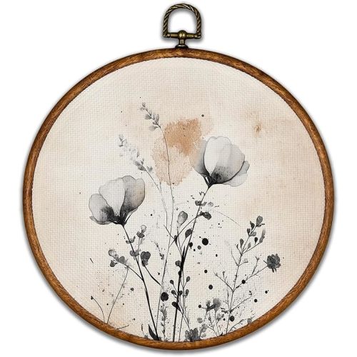 KSDUT Vintage Boho Mid Century Flower Floral Wall Decor Art - Botanical Neutral Wall Art Canvas Frame Hanging Prints, Retro Landscape Wildflower Round Wall Art Decor for Home Decorations 10"x10"
