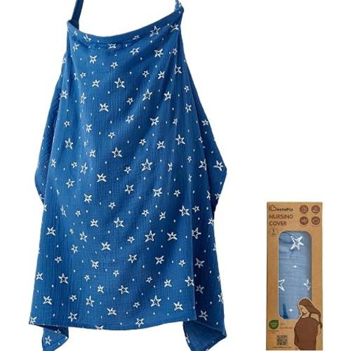Muslin Nursing Cover for Breastfeeding, Privacy Cover with Rigid Hoop for Mom,Breathable 100% Cotton Muslin Nursing Apron Multi-use Stroller Cover (Blue Starry Sky, 1 Pack)