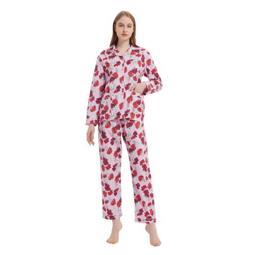 GLOBAL Womens Cotton Pajama Sets Long Sleeve Button Down Sleepwear Comfy Loungewear Soft Pjs Set Pink Red Blossom L