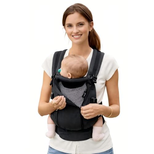 GROWNSY Baby Carrier Newborn to Toddler 7-44lbs, All Season Design with Adjustable Mesh Panel, Ergonomic Baby Carriers, Enhanced Lumbar Support, Hands-Free Parenting (Black)