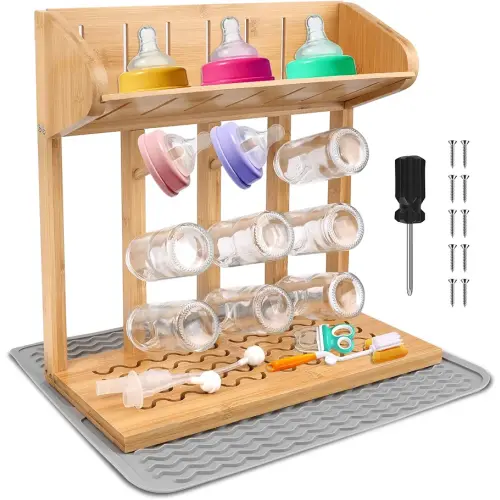 Windspeed Wooden Bottle Drying Rack for Baby Bottle Rack Dryer with Drain Pad, Space Saving for 11 Milk Glass Baby Feeder, Ideal Too for Busy Parents