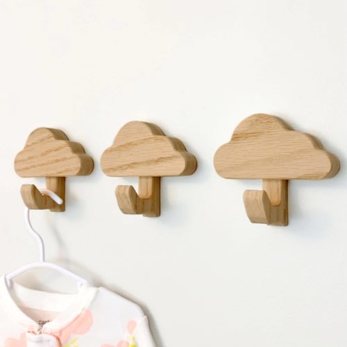 Cloud wall hooks for kids room. Dreamy decor for nursery, kids, and baby room. Cute hanger and storage hook for backpacks, clothes, and hats