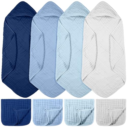 VitalCozy 8 Pcs Baby Muslin Hooded Bath Towels and Washcloths Muslin Cotton Hooded Baby Towels Absorbent Blankets for Gift Newborn Infant Shower (32 x 32 Inch,Gradient Blue)