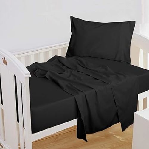 3 Piece Microfiber Bed Sheets Set, Super Soft and Fade Resistant Crib Sheet Set - Flat and Fitted Sheet, Pillowcase, Black