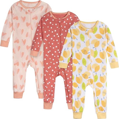 Onesies Brand Baby Girls’ 3-pack Snug Fit One-piece Cotton Pajamas, 0-3 M