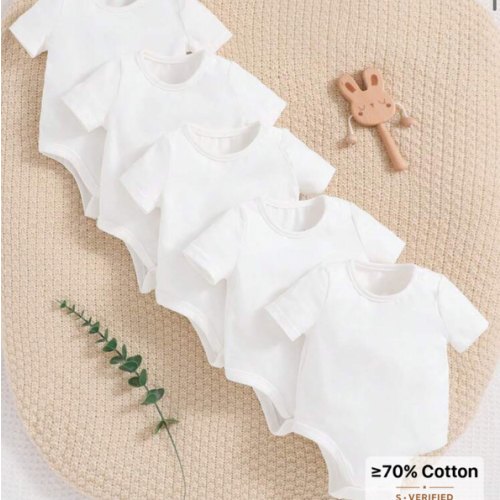 SHEIN Newborn Baby Boy/Girl 5pcs Soft Knitted Short Sleeve Bodysuits, Solid Color, Casual Style With Round Neck And Snap Closures | SHEIN USA