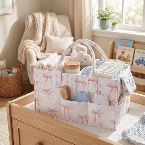 Pink Diaper Caddy Organizer with Removable Dividers Blue Flower Baby Nappy Caddy for Nursery/Car/Changing Table, Decorative Storage for Newborn Essentials (Pink)