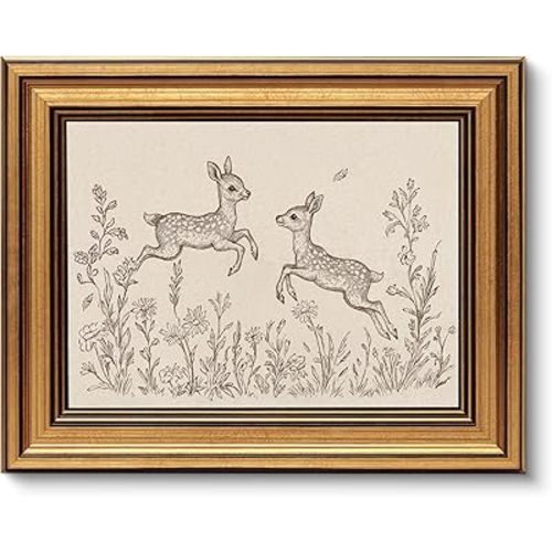 VIYYIEA Vintage Gold Framed Wall Art for Living Room, Sika Deer Canvas Prints Home Decor, Sketch Painting Picture, Bedroom Wall Decor Gifts for Friends or Family -【Sika Deer】-(10L x 8W)