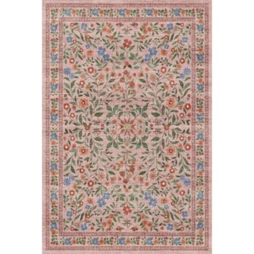 Acekool Washable Area Rug,Non Slip Vintage Floral Rug for Bedroom, Ultra-Thin Floor Carpets Rugs for Living Room Dining Room Home Office Pink 5x7