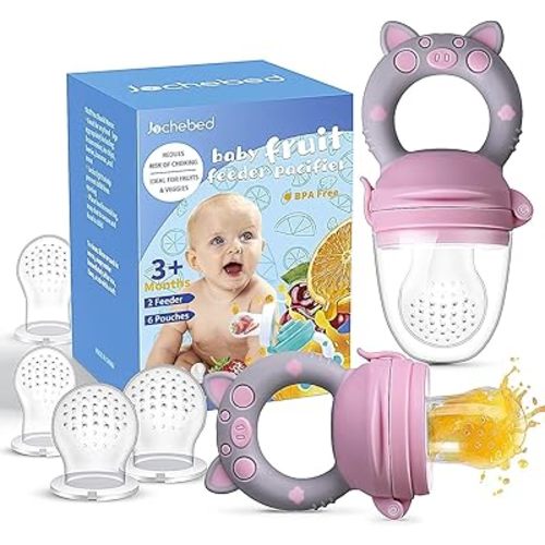 Baby Fruit Food Feeder Pacifier - Fresh Teething Pacifiers, Infant Fruit Teething Teether Toy for 3-24 Months, 6 Pcs Silicone Pouches for Toddlers & Kids & Babies, Piggy Handle 2-Pack (Pink & Gray)