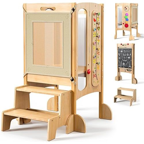 FlyingBoom Foldable Toddler Tower, Kitchen Stool Helper with 2 Step Stool, Toddler Standing Tower for Kids with Safety Net, Adjustable Height, Chalk-Whiteboard &Montessori Activity Games