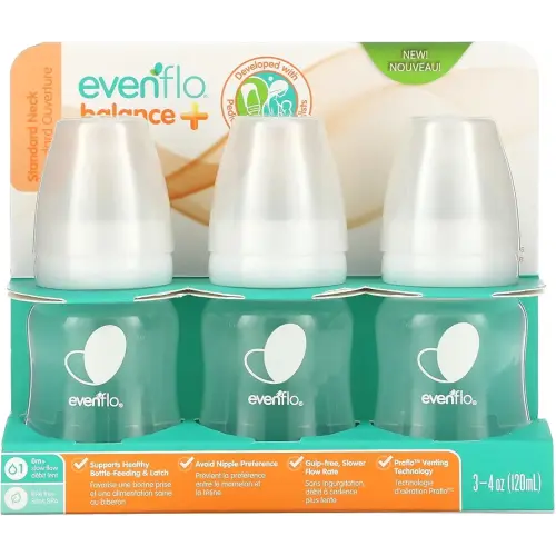 Evenflo Feeding Balance+ Bottles, Standard, 0+ Months, Slow Flow, 3 Bottles, 4 oz (120 ml)