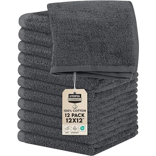 Utopia Towels 12 Pack Cotton Washcloths Set, 100% Ring Spun Cotton, Premium Flannel Face Cloths, Highly Absorbent and Soft Feel Fingertip Towels, Grey