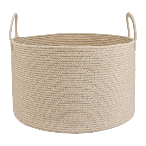 XUANGUO 66L Large Blanket Basket, Round Cotton Rope Basket, Oatmeal | 20" x 13" Laundry Basket with Sturdy Handles for Blankets, Pillows and Toys; Storage for Living Room, Bedroom and Nursery