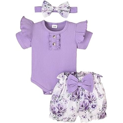 Baby Girl Clothes Summer Outfits Newborn Ruffle Sleeve Infant Flower Butterfly Shorts with Bow Headband 0-18 Months
