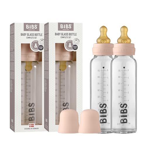 BIBS Glass Baby Bottle, 4.06 oz, 2-Pack, Natural Rubber Nipple, Blush | Anti-Colic | Natural Rubber Latex Nipple | Slow Flow | Supports Breastfeeding | Made in Denmark | Familiar BIBS Nipple