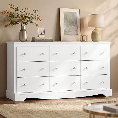 WLIVE 63" Dresser for Bedroom, Modern 9 Drawer Dresser with Exclusive Anti-Tip Structure, Large Wooden Chest of Drawers with Metal Handles for Living Room, Hallway, Closet, Home Furniture, White