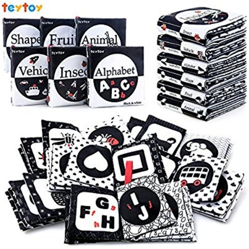 teytoy My First Soft Book, Nontoxic Fabric Baby Cloth Activity Crinkle Soft Black and White Books for Infants Boys and Girls Early Educational Toys Perfect for Baby Shower -Pack of 6