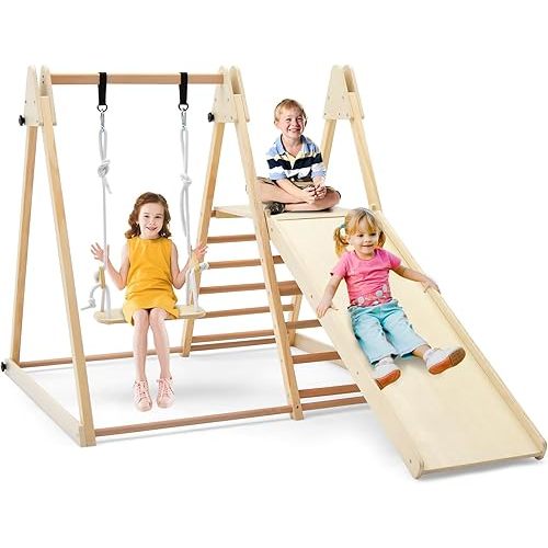 HONEY JOY Kids Indoor Jungle Gym, Large 5-in-1 Playground Climber Playset with Baby Swing, Slide Ramp, Ladder & Climbing Wall, Foldable Wooden Montessori Waldorf Play Gym, Climbing Toys for Toddlers