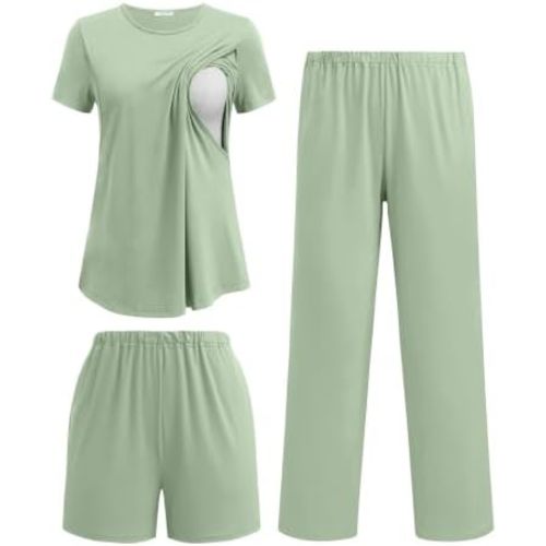 Ekouaer 3 Piece Maternity Pajamas Set Postpartum Nursing Short Sleeve Breastfeeding Sleepwear Pregnancy Shorts & Pants Pjs
