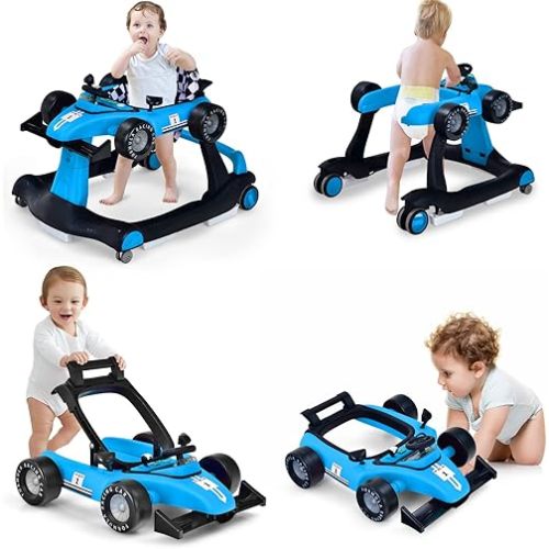 RACECAR 4-in-1 Baby Walker, Activity Push Walker w/3 Adjustable Heights, Smooth Wheels w/Adjustable Speed, Padded Seat, Music & Light, Foldable Car Walker for Baby Boys Girls Age 6 Months+ (Blue)