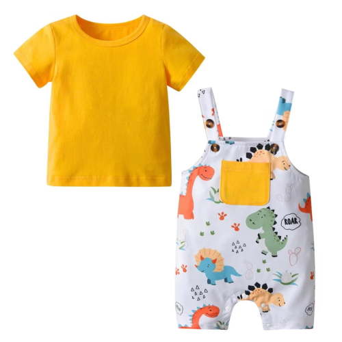 Baby Boy Clothes Solid Short Sleeve Tops + Animal Style Overalls Shorts Summer Outfits Yellow 9-12 Months