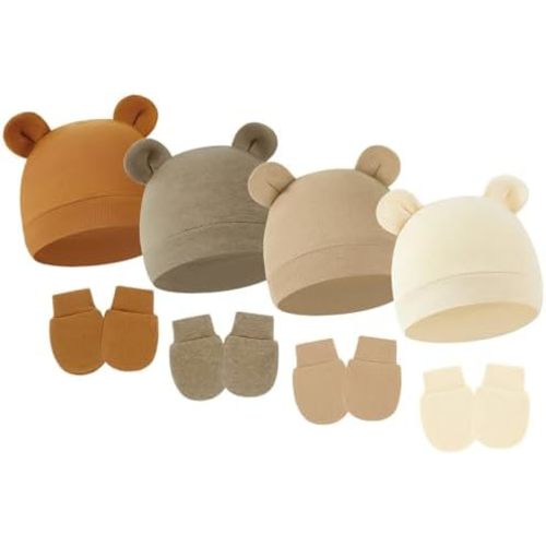4 Pack Newborn Hats Mittens Set Bear Ears Preemie Hat Infant Hospital Mitten for Baby Boy Girl 0-6 Months