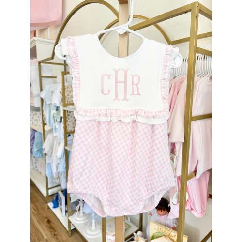 Pink Gingham Ruffle Bib Bubble- 3 Initials – Little Stitches & Co.