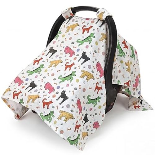 Metplus Car Seat Cover Baby, 100% Muslin Cotton Infant Carseat Covers for Boys and Girls, Lightweight Breathable Canopy, Summer Stroller Sun Shade, Newborn Travel Essentials(Dog)