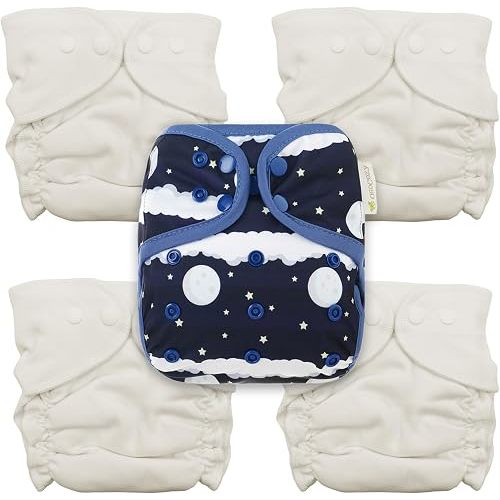 4 Size 1 Cozy Cubs Birdseye Fitted Diapers + OsoCozy One Size Diaper Cover Bundle (Night Sky) | 100% Cotton Reusable Cloth Diaper Set | Waterproof PUL Cover with Double Gussets
