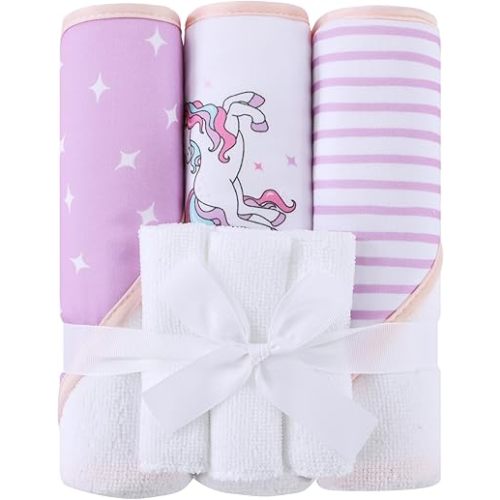 Mooreeke Baby Towel with Hood for Girls Purple Unicorn Bath Towel for Babies Ultra Soft Absorbent 3 PCS Baby Towels and 3 PCS Washcloths for Newborn Essentials