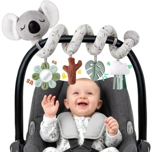 Stuffed Aesthetic Koala Spiral Car Seat Toys for Babies, Gender Neutral Infant Stroller Toy with Teether Hanging, Baby Registry Search Must Haves 0-6 Months