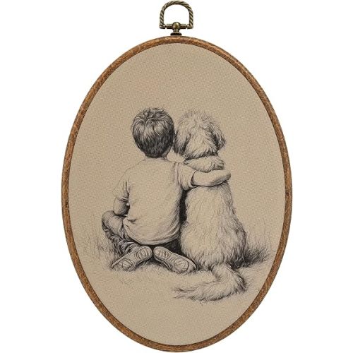 PUKUPA Vintage Boy and Dog Oval Wall Art Framed Prints Decor,8.6x11.4in