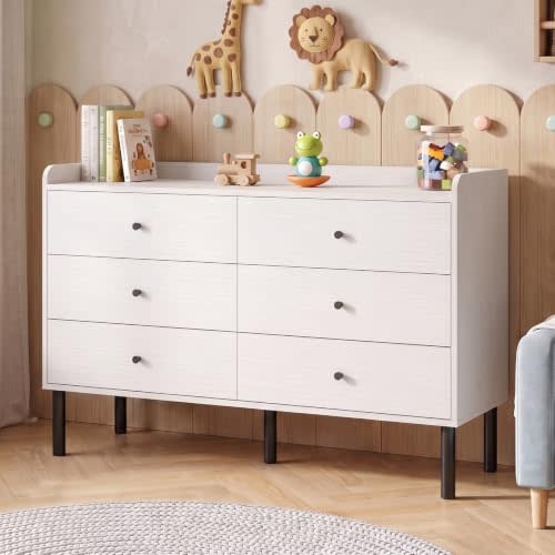 LYNSOM White Dresser for Bedroom, 6 Drawer Dresser with Wide Drawer and Metal Handles, Modern Dressers & Chests of Drawers for Hallway Entryway