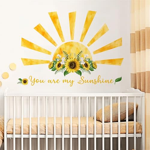 Large Boho Half Sun Wall Decals Watercolor Sunflower Quotes Wall Decor Stickers Removable Murals Peel and Stick Kids Children Baby Boys Girls Nursery Bedroom Playroom Wall Art Decoration