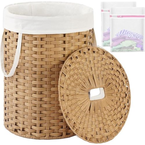 Laundry Hamper with Lid 23.8 Gal (90 L) Round Laundry Basket with Lid Handwoven Clothes Hamper Removable Bag 2 Mesh Bags Rattan Woven Basket Handles for Bathroom Living Room Natural