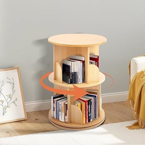 Wooden Rotating Bookshelf, 360° Spinning Bookcase, Wooden, 2 Tier