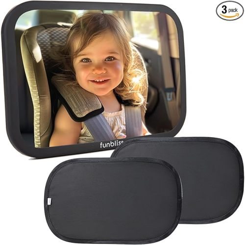 Funbliss Baby Car Mirror + 2 Pack Car Window Shades UPF 50+, Wide Angle Convex Mirror for Baby Rear Facing, 360-Degree Adjustable, Easy Assembly-Free
