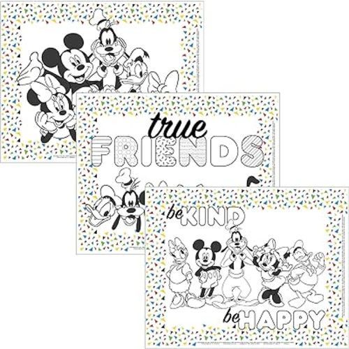 Disney Baby by J.L. Childress ColorMe Disposable Placemats - Stick on Disposable Placemats for Baby, Toddlers, & Kids, Travel Coloring Activities, Sticky Child Table Mat - 24 Pack, Mickey & Friends