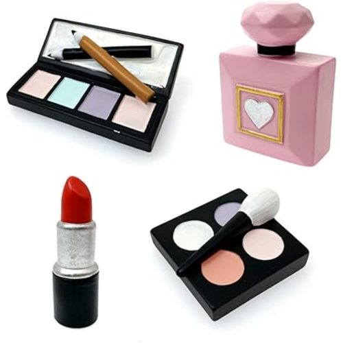 MEMOVAN Makeup Cake Topper 4 Pack, Resin Cosmetics Lipstick Perfume Bottle Eye Shadow Blush Makeup Cake Decorations for Bridal Shower Bachelorette Girl Women Spa Makeup Themed Birthday Party Supplies