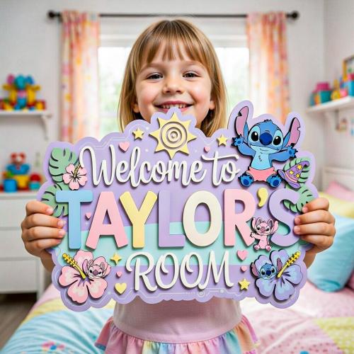 Personalized Stitch Name Sign, Custom Wood Door Plaque, Lilo and Stitch Room Decor, Kids Bedroom Wall Art, Tropical Name Sign, Gift for Kids