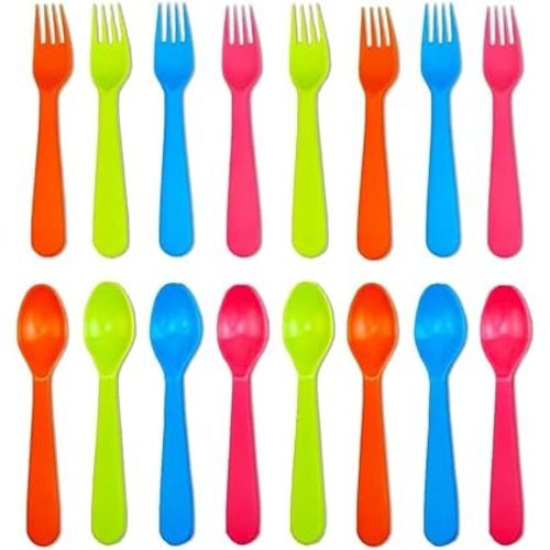 Jawbush 16 Pcs Kids Utensils, Plastic Kids Forks and Spoons, Reusable Toddler Utensils, Durable Flatware Set for Lunch Box, Easy to Use, BPA Free