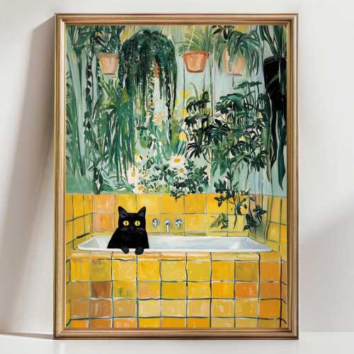 Black cat bathroom art print retro yellow tile jungle decor botanical wall art quirky green plant room cat lover gift