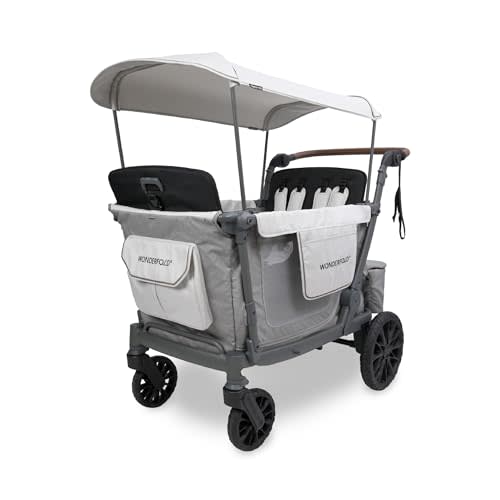 WonderFold L4 Stroller Wagon, Aluminum Frame, 4 Seater, Gray | Collapsible Stroller Wagon with an Adjustable Canopy & Push Handle, All-Terrain Wheels & Built-in Storage for Kids