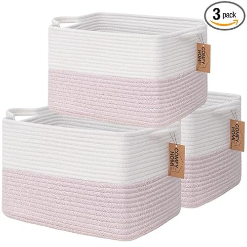 COMFY-HOMI 3PACK Cotton Rope Square baske with Handles for Shelves|Dog Toy baske Bin and Storage|Baby baske for Gift|Shoe baske for Organizing|13.5" x 11" x 9.5" for Living Room（White/Pink）