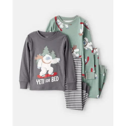 Toddler Boy Yeti Print 100% Cotton Long-Sleeve Snug Fit 4-Piece Pajamas - Grey/Green | Carter's